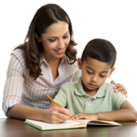 Mother helping young son with homework at a table png