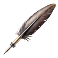Black feather resting on top of a pen against a plain transparent background png