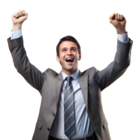 Joyful businessman celebrating success with arms raised png