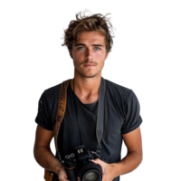 Young male photographer with camera on transparent background png