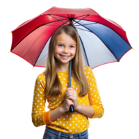 Happy young girl smiling with colorful umbrella isolated png