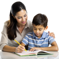 Mother helping son with homework on transparent background png