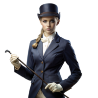 Elegant woman in vintage riding habit with top hat and cane png