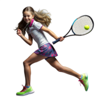 Jeune fille en jouant tennis dans action sur une transparent Contexte png