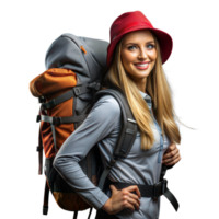 sorridente femmina escursionista con zaino e rosso cappello su un' viaggio png