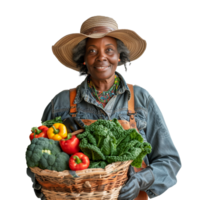 Smiling woman in hat holding basket of fresh vegetables png
