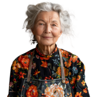 Elderly woman with a charming smile in a floral dress png