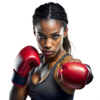 Confident female boxer ready to fight on a transparent background png