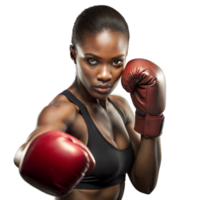 Confident female boxer ready to strike with red gloves png