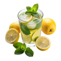 Refreshing lemon mint water in a glass with fresh lemons png