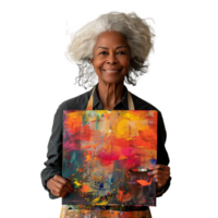 Senior artist displaying vibrant abstract painting png