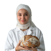 Confident female baker holding fresh loaf of bread png