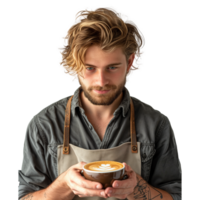 Handsome barista offering coffee with latte art png