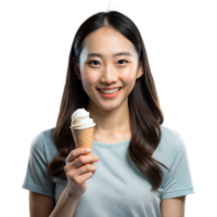 Young Asian woman smiling with vanilla ice cream cone png