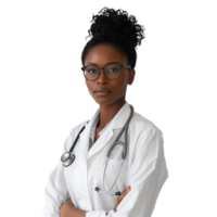 Confident young Black female doctor posing in medical attire png