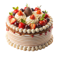 un dulce postre presentando un pastel coronado con Fresco fresas, jugoso cerezas, y rociado con Rico chocolate salsa png