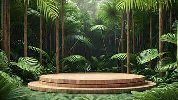 Wooden podium in tropical forest for product presentation.3d rendering photo