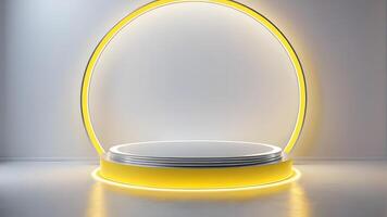 brillar plata cilindro pedestal podio. ciencia ficción blanco vacío habitación concepto con semi circulo brillante amarillo neón Encendiendo foto