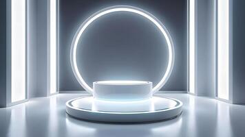 Abstract shine silver cylinder pedestal podium. Sci-fi white empty room concept with semi circle glowing neon lighting. rendering 3d shape, Product display presentation. Futuristic wall scene. photo