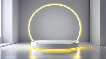 brillar plata cilindro pedestal podio. ciencia ficción blanco vacío habitación concepto con semi circulo brillante amarillo neón Encendiendo foto