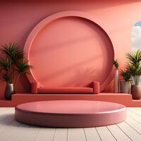 3d render, abstract minimal scene with pink podium and palm leaves shadow photo