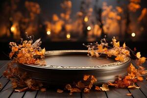 Autumn wicker round podium with a matte transparent display against the background of falling leaves photo