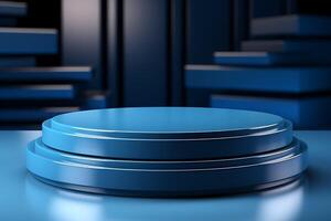 Blue round podium on blue background. 3d render illustration with clipping path photo