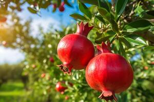 granada frutas colgando en árbol foto