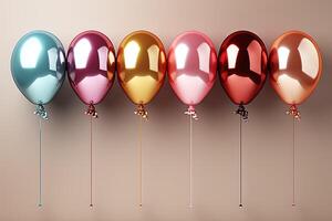 3D render of a group of colorful balloons on a brown background. Birthday background concept photo