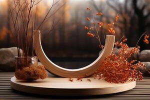 Autumn wicker round podium with a matte transparent display photo