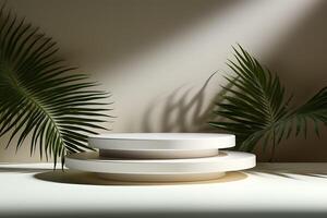 3d render of white round podium with leaves for product display in modern room photo