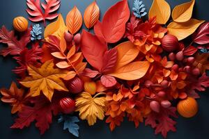 Autumn or thanksgiving composition made of autumn leaves, flowers, pumpkin on black background photo