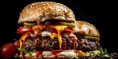 Homemade hamburger or burger with chicken on black background photo