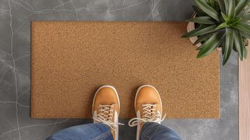 Blank Welcome Mat and Pair of Feet At Front Door of House. . photo