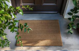 Blank Welcome Mat At Custom Front Door of House. . photo