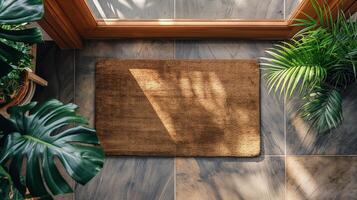 Blank Welcome Mat At Custom Front Door of House. . photo