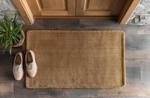 Blank Welcome Mat and Pair of Shoes At Front Door of House. . photo