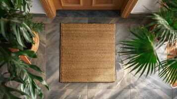 Blank Welcome Mat At Custom Front Door of House. . photo