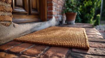 Blank Welcome Mat At Custom Front Door of House. . photo