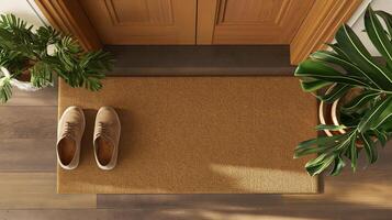 Blank Welcome Mat and Pair of Shoes At Front Door of House. . photo