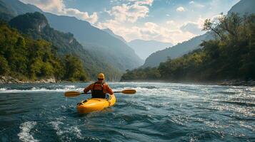 kayakista remar el rápidos de un hermosa montaña río. . foto