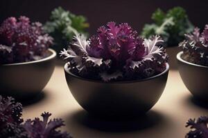 Fresh green and purple kale plants on marble, organic vegetablese photo