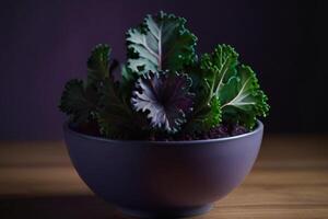 Fresh green and purple kale plants on marble, organic vegetablese photo