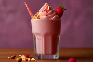 postre con fresas y vinella hielo crema y cremoso Leche y Rosa jarabe foto