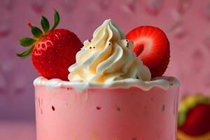 postre con fresas y vinella hielo crema y cremoso Leche y Rosa jarabe foto