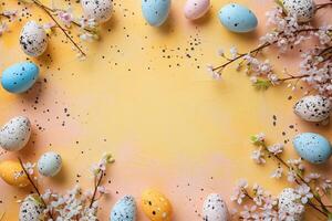 Cute Easter mockup. Plain bright table with Easter decor. photo