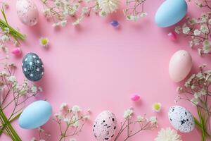 Cute Easter mockup. Plain bright table with Easter decor. photo