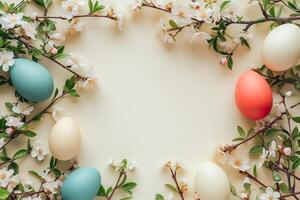linda Pascua de Resurrección Bosquejo. llanura brillante mesa con Pascua de Resurrección decoración. foto