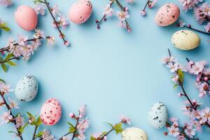 Cute Easter mockup. Plain bright table with Easter decor. photo