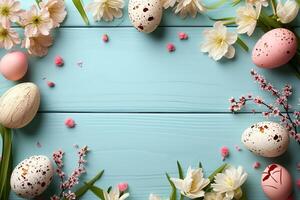 Cute Easter mockup. Plain bright table with Easter decor. photo